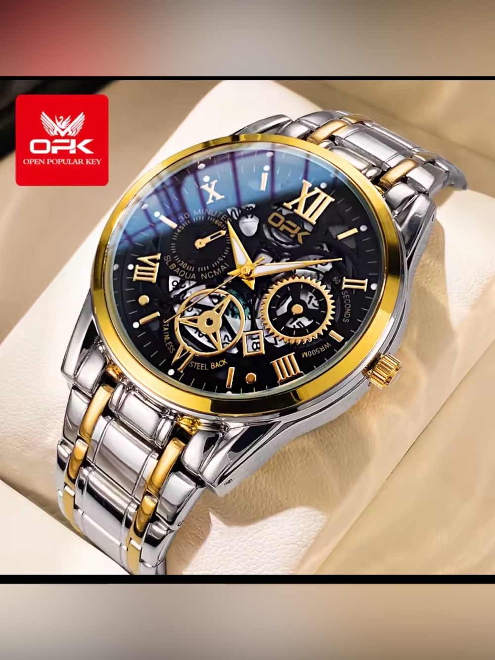 OPk Two-Tone Black Dial Watch with Gold and Silver Bracelet